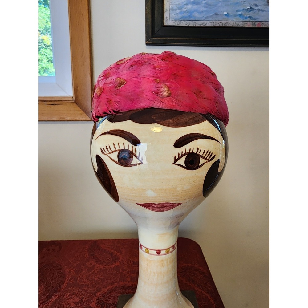 Vintage Feather Pillbox Hat Womens Hot Pink Iridescent Twee Mid Century Mod 60s
